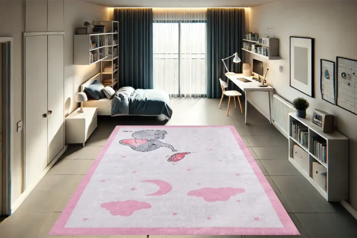 Dreamy Elephant Pink Washable Rug